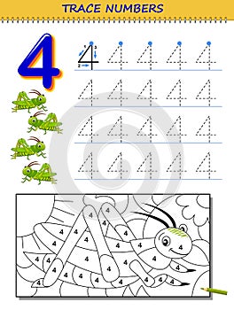 Educational page for kids with number 4. Printable worksheet for children textbook.