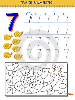Educational page for kids with number 7. Printable worksheet for children textbook.