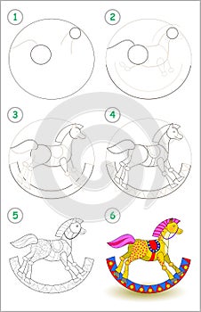 Educational page for kids shows how to learn step by step to draw a toy rocking horse. Back to school. Developing children skills.