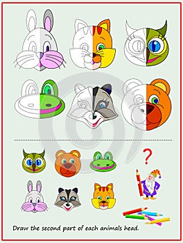 Educational page for kids textbook. Draw the second part of each animals head. Worksheet for baby coloring book. Developing