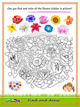 Educational page for little children. Can you find and color all the flowers hidden in picture? Logic puzzle game. Coloring book.