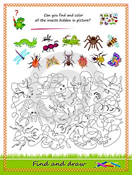 Educational page for little children. Can you find and color all the insects hidden in picture? Logic puzzle game. Coloring book.