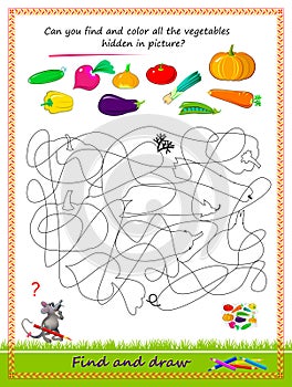 Educational page for little children. Can you find and color all the vegetables hidden in picture? Logic puzzle game. Coloring