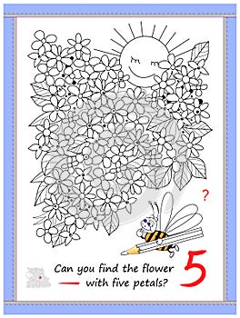 Educational page for little children. Can you find the flower with 5 petals? Coloring book. I spy puzzle. Printable worksheet for