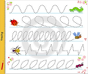 Educational page for little children. Draw the paths after the insects. Trace lines. Developing writing skills. Printable photo