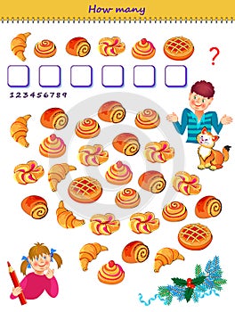 Educational page for little children. How many buns can you find in the picture? Count the quantity and write the numbers.