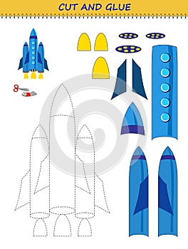 Educational page for little children. Printable template with exercise for kids. Use a scissors to cut and glue toy rocket.