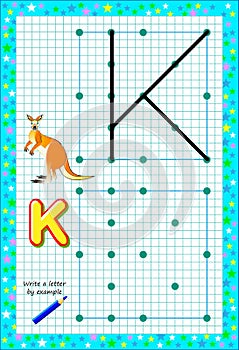 Educational page for little children on square paper. Write letter by example. Logic puzzle game.