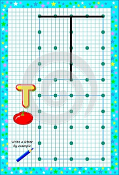 Educational page for little children on square paper. Write letter by example. Logic puzzle game.