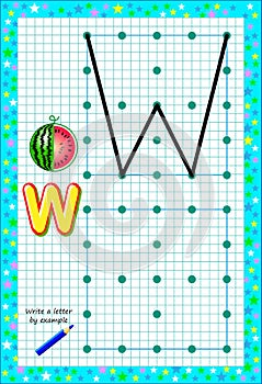 Educational page for little children on square paper. Write letter by example. Logic puzzle game.