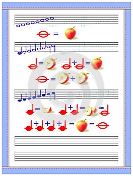 Educational page for little children to study the duration of musical notes. Developing tracing, counting and writing skills.