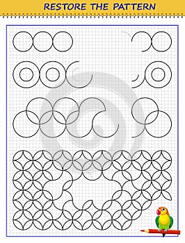 Educational page on square paper for children. Printable worksheet for kids school exercise book. Find regularity, draw missing photo