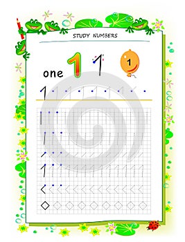 Educational page on square paper for kids with number 1. Printable worksheet for children textbook. Developing skills of counting.