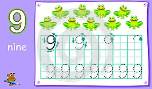 Educational page for young children with number nine. Developing skills for writing and counting.