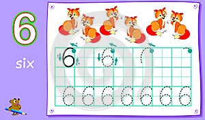 Educational page for young children with number six. Developing skills for writing and counting.