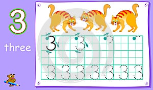 Educational page for young children with number three. Developing skills for writing and counting.