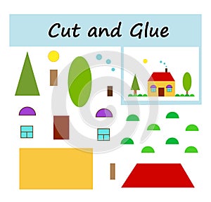 Educational paper game for children. Cut parts of the image and glue on the paper. DIY worksheet. Vector illustration of house