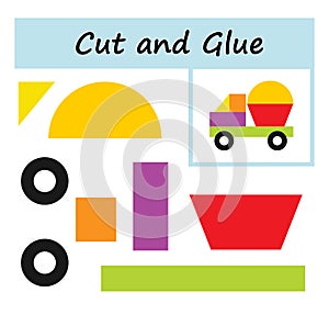 Educational paper game for children. Cut parts of the image and glue on the paper. DIY worksheet. Vector illustration of truck