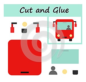 Educational paper game for kids. Cut parts of the image and glue on the paper. DIY worksheet. Cartoon autobus