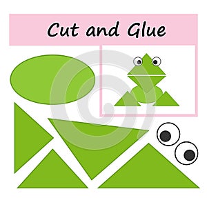 Educational paper game for kids. Cut parts of the image and glue on the paper. DIY worksheet. Cartoon frog