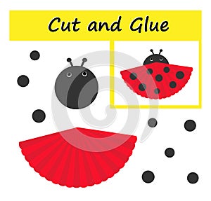 Educational paper game for kids. Cut parts of the image and glue on the paper. DIY worksheet. Cartoon ladybug