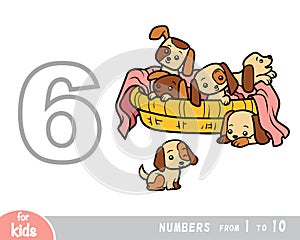 Educational poster for children about numbers. Digit six, six dog. Vector cartoon illustration