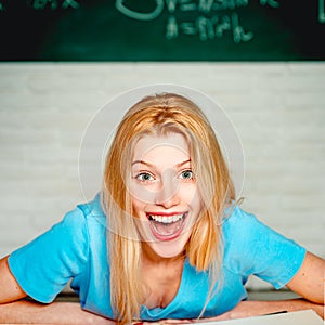 Educational process. Education and campus people concept. Science. Education. Female student looking at camera