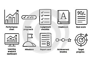 Educational Progress and Performance Icons Set with Charts, Checklists, and Gradebook Symbols