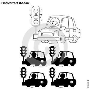 Educational Puzzle Game for kids. Find correct shadow. Coloring Page Outline Of cartoon car with driver. Coloring book for