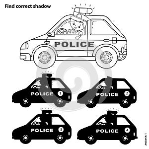 Educational Puzzle Game for kids. Find correct shadow. Police car. Coloring Page Outline Of cartoon policeman with car. Coloring