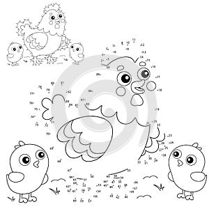 Educational Puzzle Game for kids: numbers game. Cartoon chicken or hen with chicks. Farm animals. Coloring book for children