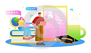 Education and online learning with students engaging in creative activities. Vector illustration