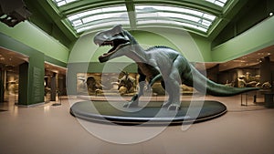 An educational scene with a dinosaur sculpture in a museum. The sculpture is large and green,