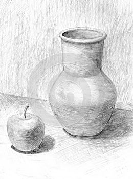 Educational still life `Krynka and Apple.` Children`s drawing