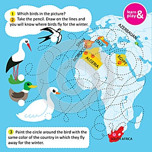 Educational task for children. Name birds in picture. Following dotted line you will know what countries birds fly away