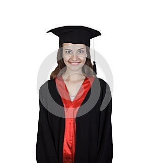 Educational theme: graduating student girl in an academic gown. Isolated over white background