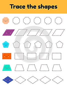 Educational tracing worksheet for kids kindergarten, preschool and school age. Trace the cute geometric shape. Dashed