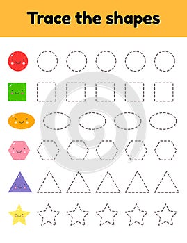 Educational tracing worksheet for kids kindergarten, preschool and school age. Trace the cute geometric shape. Dashed lines. photo