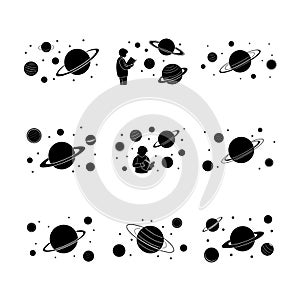 Educational Vector Illustration of Student Studying Planets