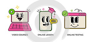 Educational web seminar, internet classes, online lesson, video courses, old cartoon faces. Webinar, digital classroom, online