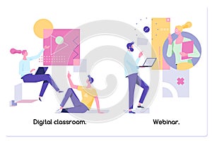 Educational web seminar, internet classes, professional personal teacher service.Vector isolated concept illustrations