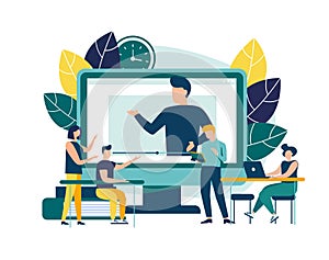 Educational webinar. Digital audience, Online class. The concept of modern education with a personal teacher. Vector illustration