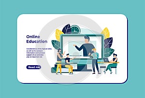 Educational webinar. Digital audience, Online class. The concept of modern education with a personal teacher. Vector illustration