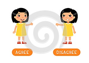 Educational word card with opposites. Antonyms concept, AGREE and DESAGREE.