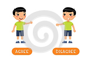 Educational word card with opposites. Antonyms concept, AGREE and DESAGREE.