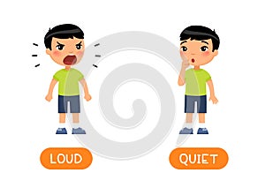 Educational word card with opposites. Antonyms concept, LOUD and QUIET.