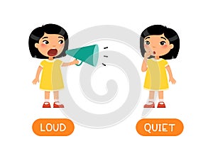 Educational word card with opposites. Antonyms concept, LOUD and QUIET. photo