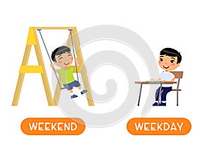 Educational word card with opposites. Antonyms concept, WEEKDAY and WEEKEND.