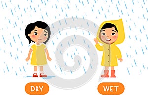 Educational word card with opposites. Antonyms concept, WET and DRY.