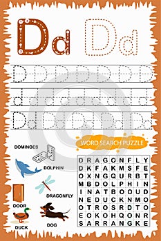 Educational worksheet for children learning the English alphabet. Handwriting and crossword puzzle game for memorizing words.